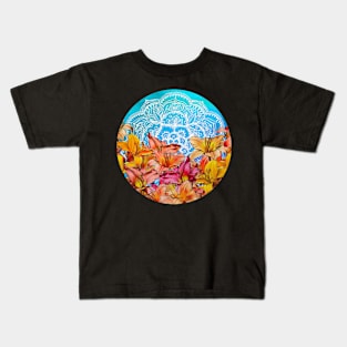 Orange Lilies & White Mandala on Blue Kids T-Shirt